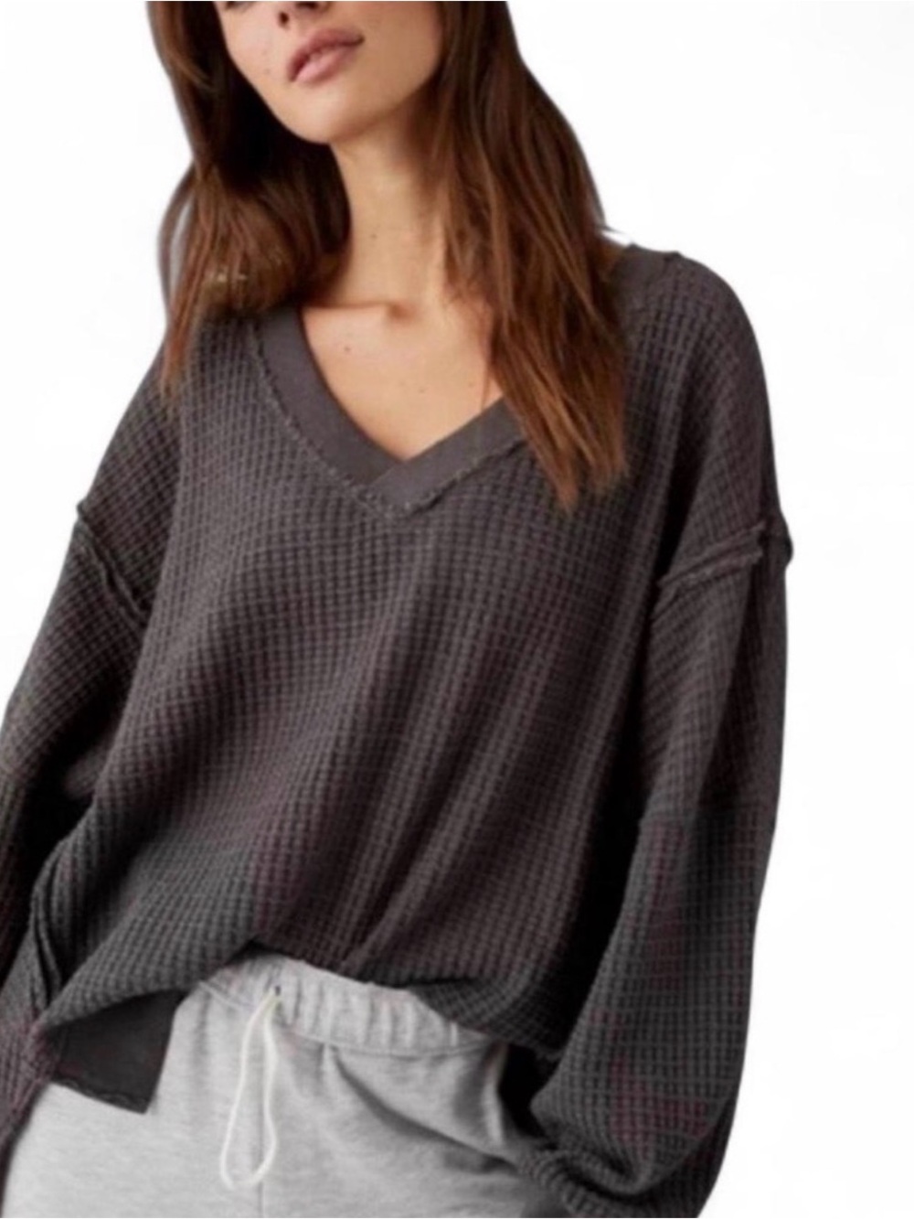 AE American Eagle Seriously Lived in Charcoal Grey waffle knit sweatshirt. LG